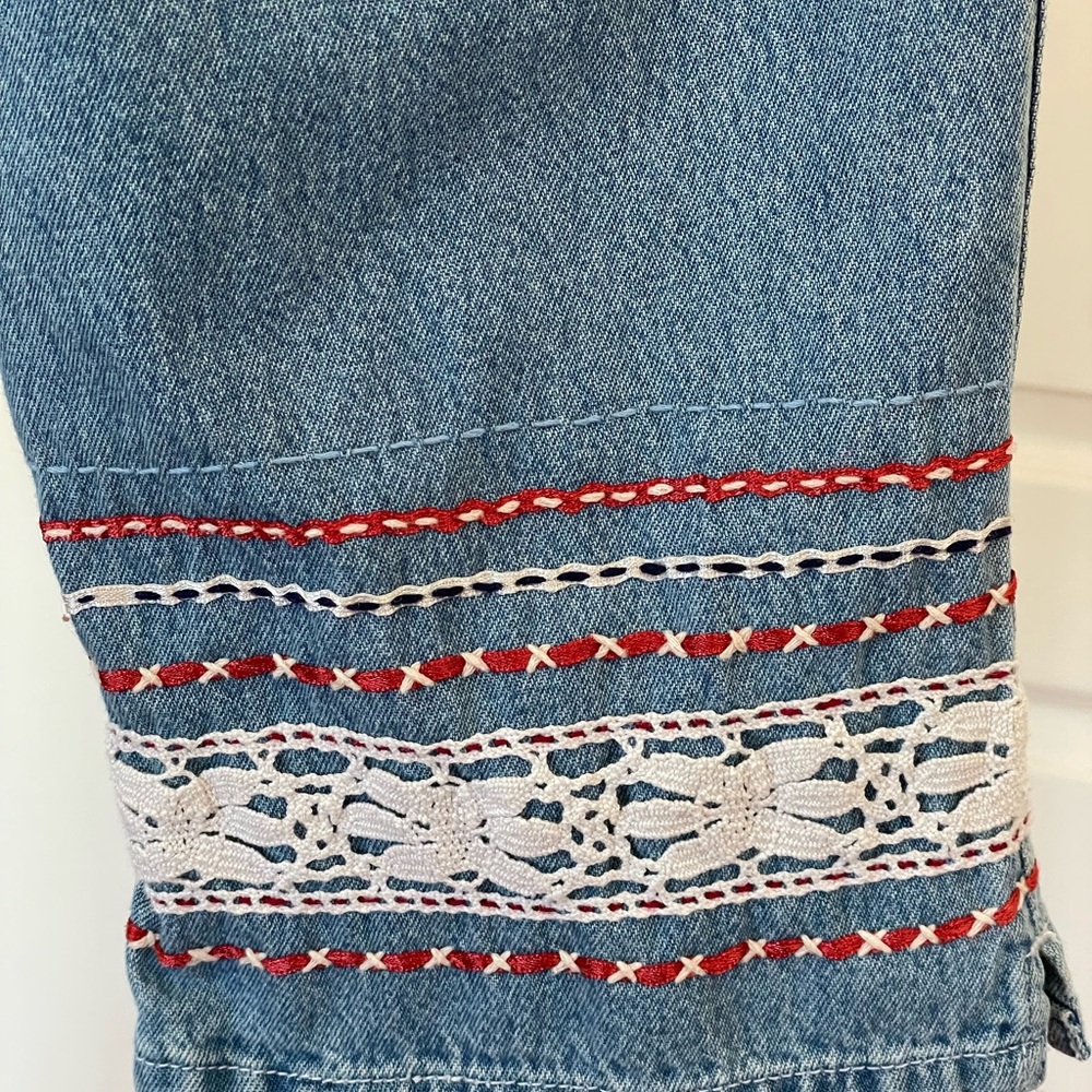 Motherhood Blue Jeans with Red and White Lace Accents